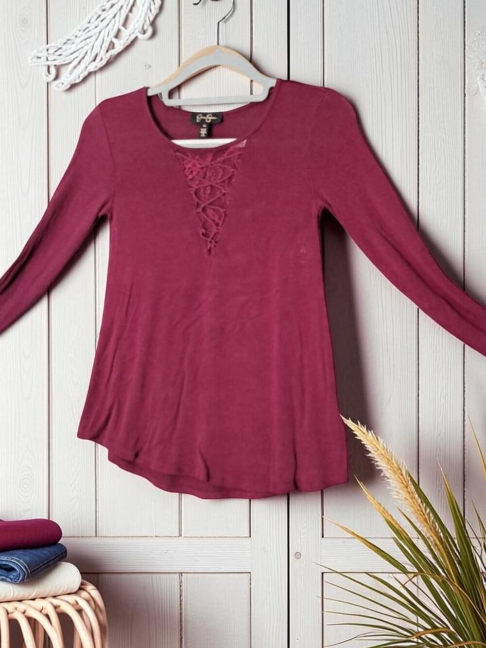 Jessica Simpson Ursula Lace-Up Top XS Burgundy Long Sleeve Boho Stretch Knit